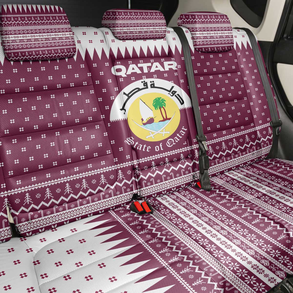 Qatar Christmas Back Car Seat Cover with Maroon-White Design, National Emblem, and Camel Motif - Wonder Print Shop