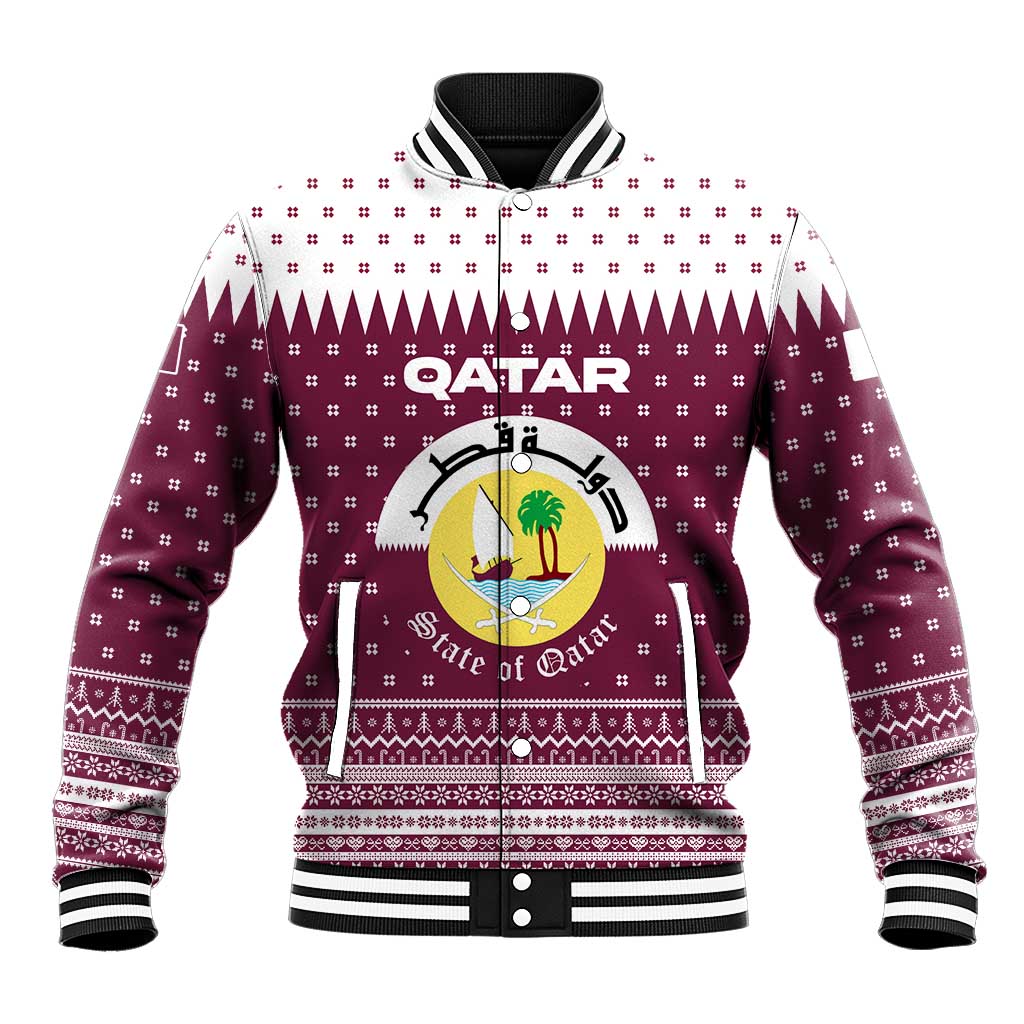 Qatar Christmas Baseball Jacket with Maroon-White Design, National Emblem, and Camel Motif - Wonder Print Shop