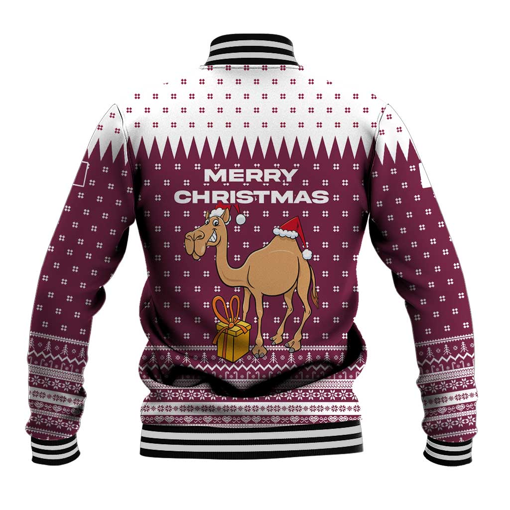 Qatar Christmas Baseball Jacket with Maroon-White Design, National Emblem, and Camel Motif - Wonder Print Shop