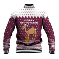Qatar Christmas Baseball Jacket with Maroon-White Design, National Emblem, and Camel Motif - Wonder Print Shop
