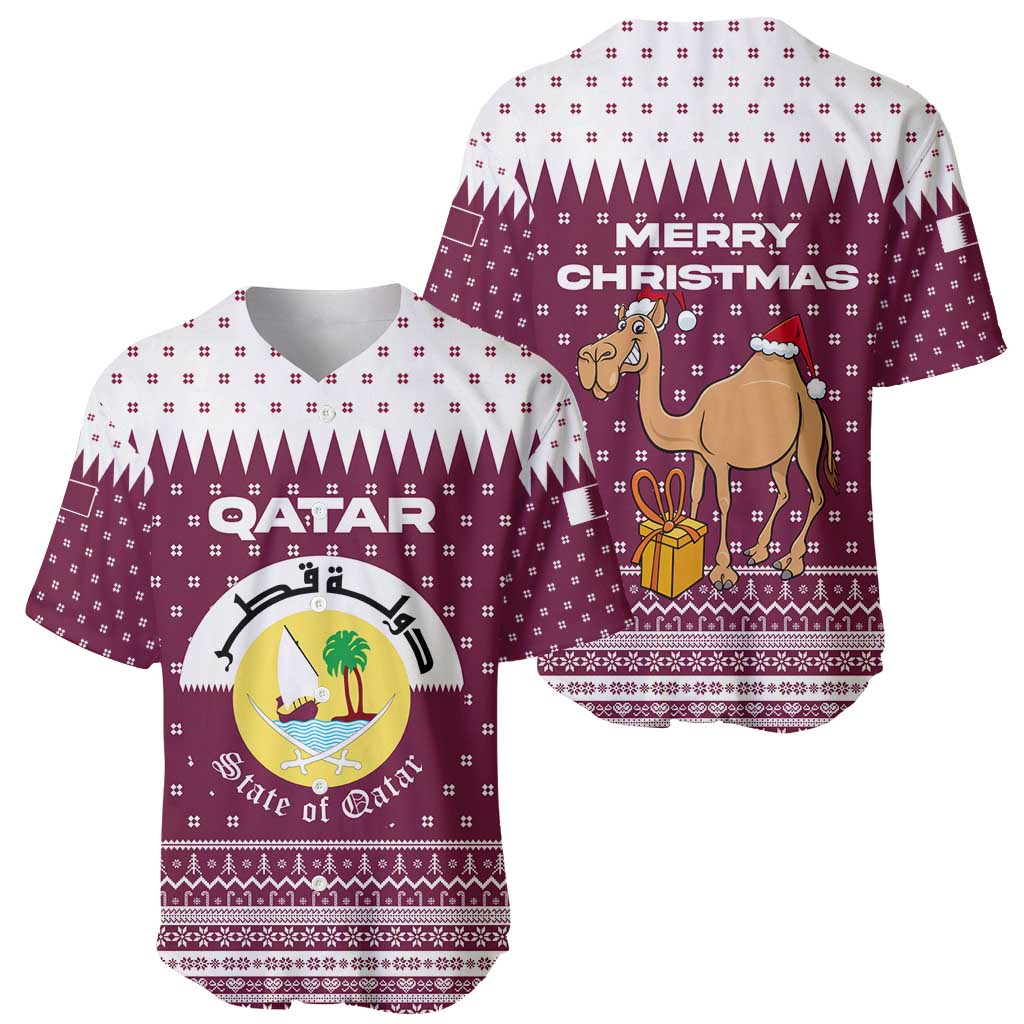 Qatar Christmas Baseball Jersey with Maroon-White Design, National Emblem, and Camel Motif - Wonder Print Shop