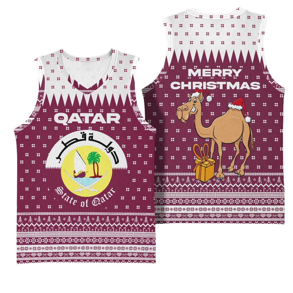 Qatar Christmas Basketball Jersey with Maroon-White Design, National Emblem, and Camel Motif - Wonder Print Shop