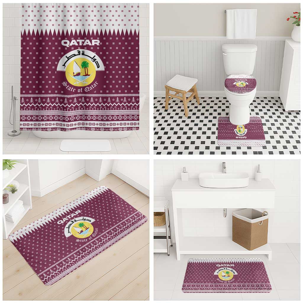 Qatar Christmas Bathroom Set with Maroon-White Design, National Emblem, and Camel Motif - Wonder Print Shop
