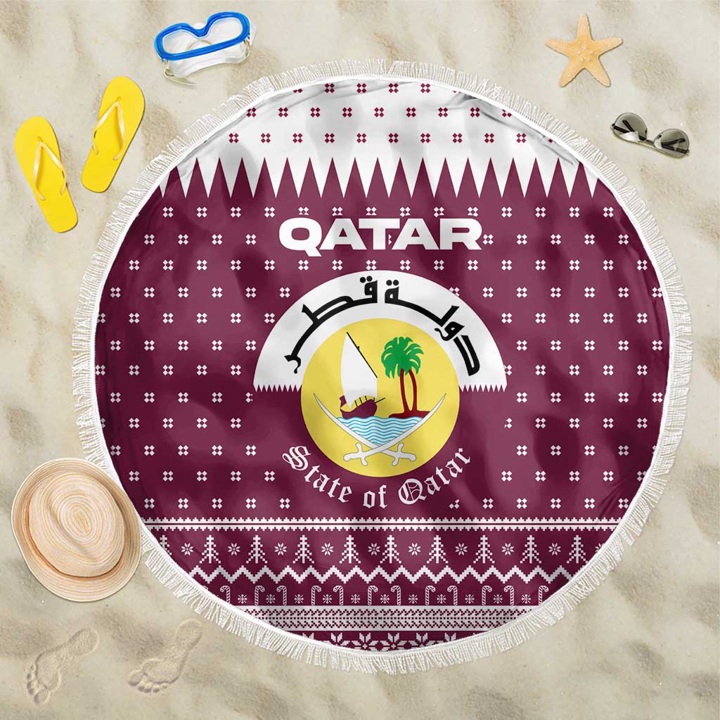 Qatar Christmas Beach Blanket with Maroon-White Design, National Emblem, and Camel Motif - Wonder Print Shop