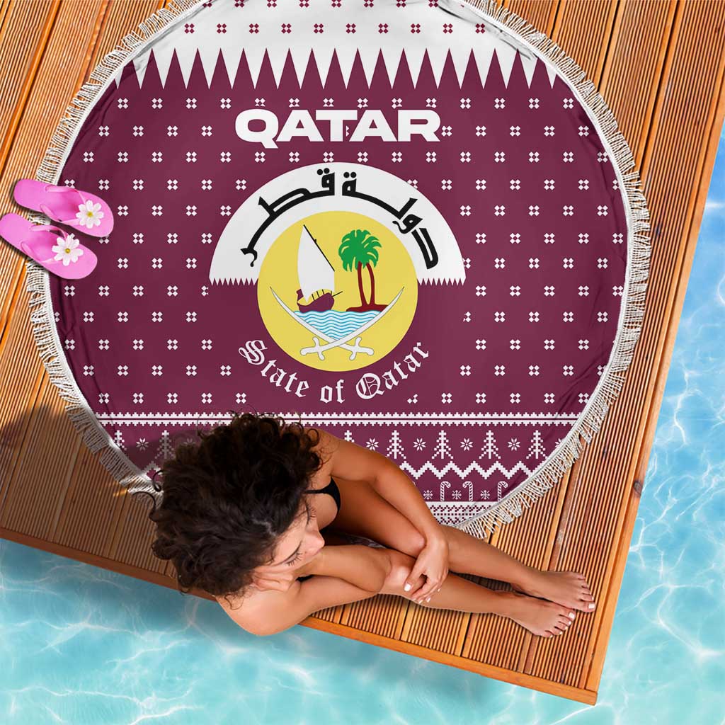 Qatar Christmas Beach Blanket with Maroon-White Design, National Emblem, and Camel Motif - Wonder Print Shop