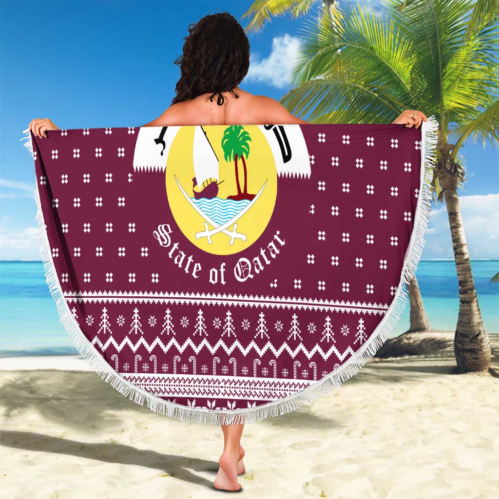 Qatar Christmas Beach Blanket with Maroon-White Design, National Emblem, and Camel Motif - Wonder Print Shop