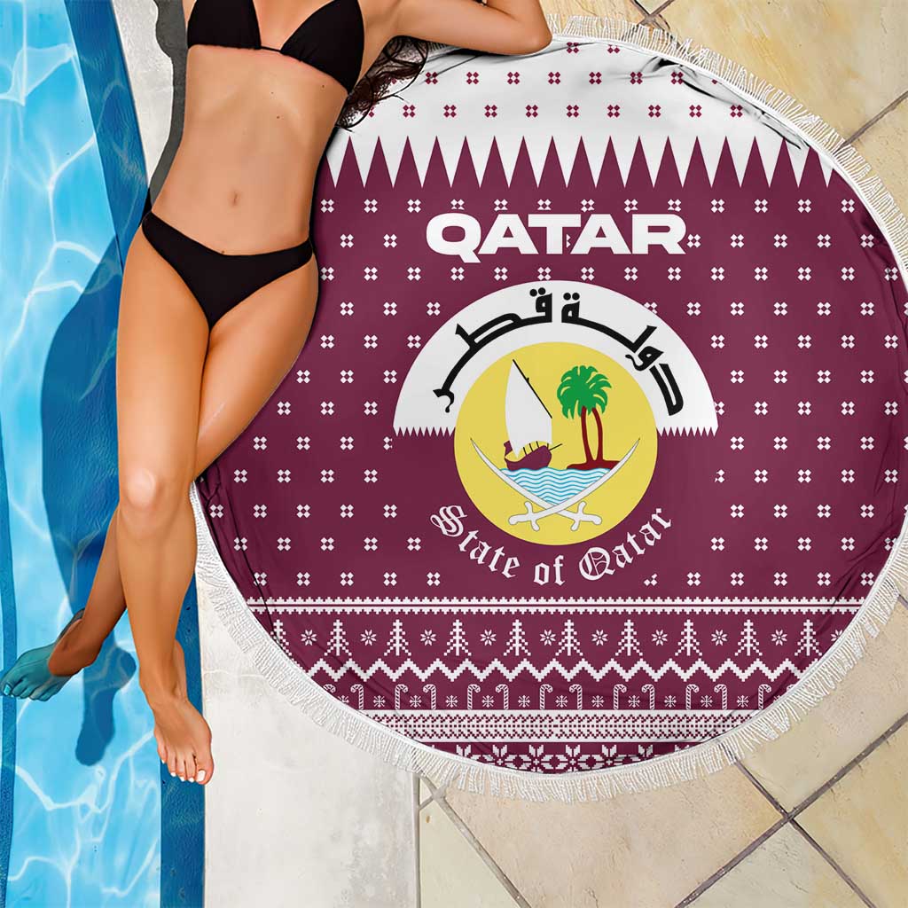 Qatar Christmas Beach Blanket with Maroon-White Design, National Emblem, and Camel Motif - Wonder Print Shop