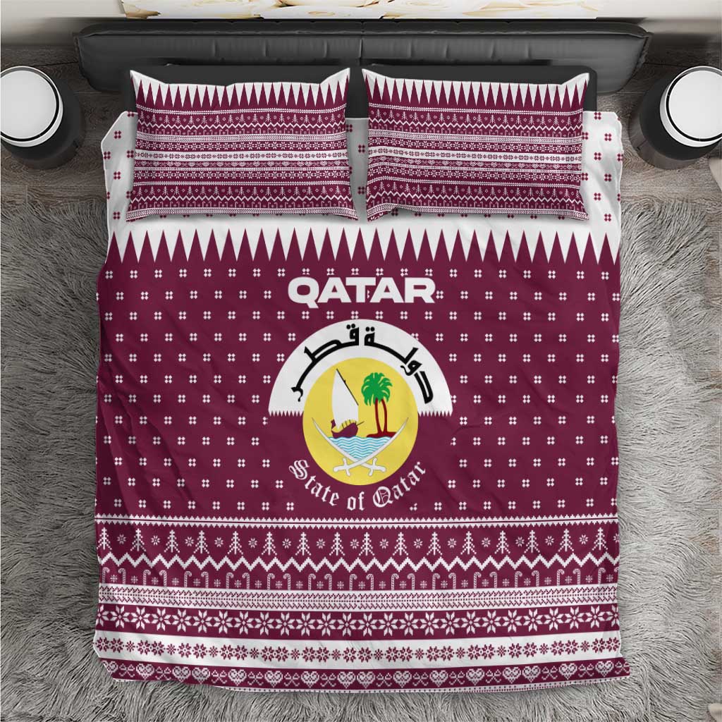 Qatar Christmas Bedding Set with Maroon-White Design, National Emblem, and Camel Motif - Wonder Print Shop