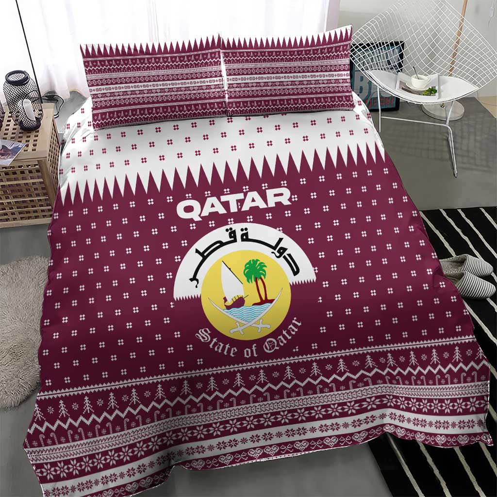 Qatar Christmas Bedding Set with Maroon-White Design, National Emblem, and Camel Motif - Wonder Print Shop