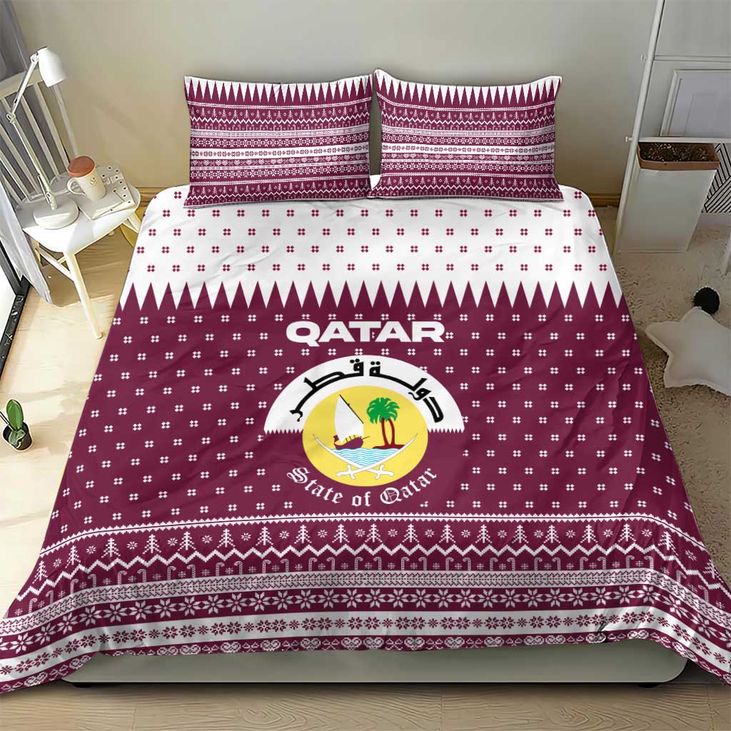 Qatar Christmas Bedding Set with Maroon-White Design, National Emblem, and Camel Motif - Wonder Print Shop