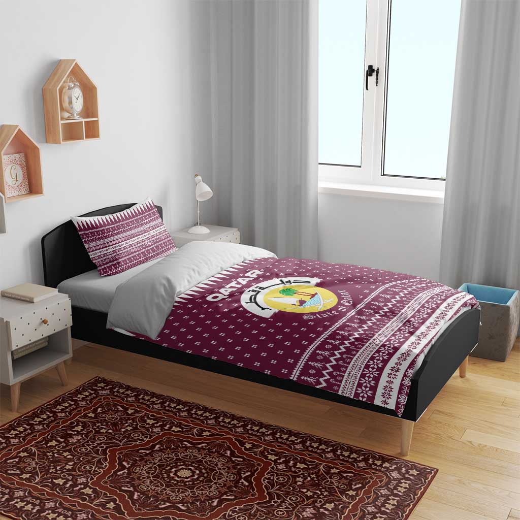 Qatar Christmas Bedding Set with Maroon-White Design, National Emblem, and Camel Motif - Wonder Print Shop