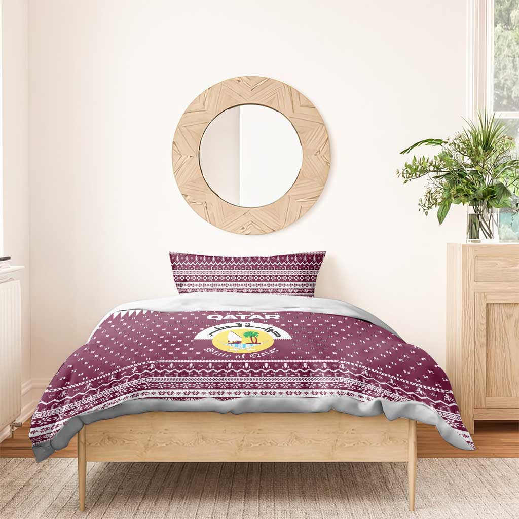 Qatar Christmas Bedding Set with Maroon-White Design, National Emblem, and Camel Motif - Wonder Print Shop
