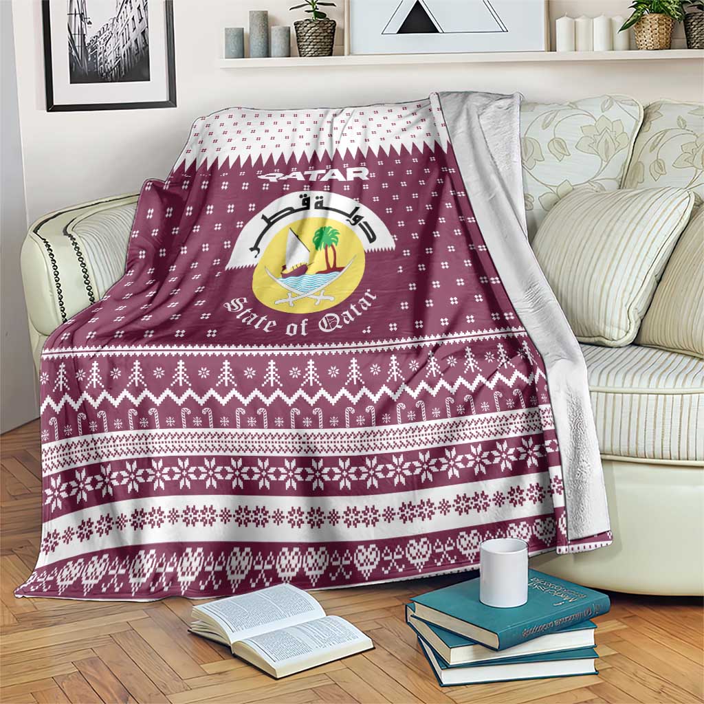 Qatar Christmas Blanket with Maroon-White Design, National Emblem, and Camel Motif - Wonder Print Shop