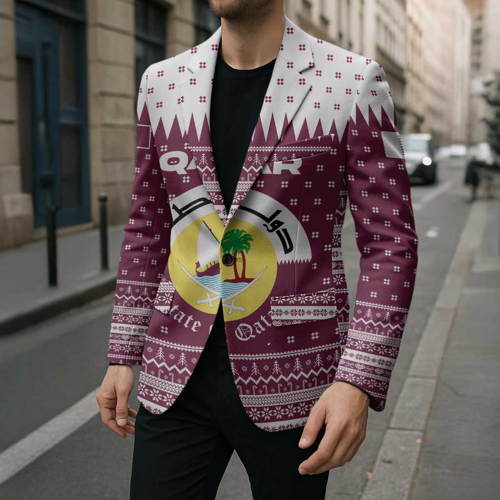 Qatar Christmas Blazer with Maroon-White Design, National Emblem, and Camel Motif - Wonder Print Shop