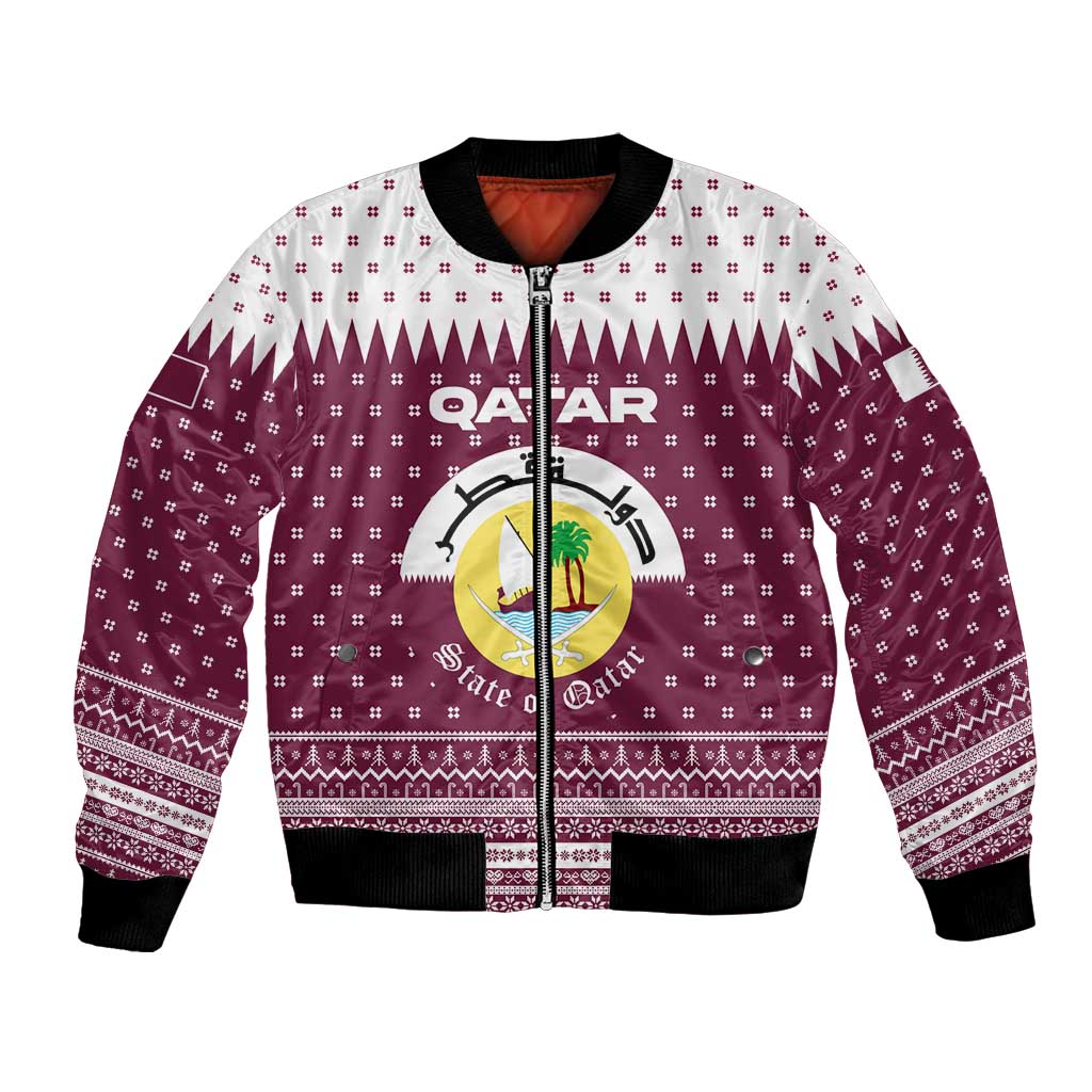 Qatar Christmas Bomber Jacket with Maroon-White Design, National Emblem, and Camel Motif - Wonder Print Shop