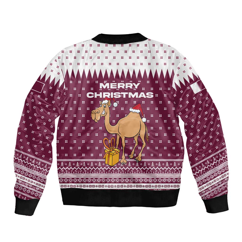 Qatar Christmas Bomber Jacket with Maroon-White Design, National Emblem, and Camel Motif - Wonder Print Shop