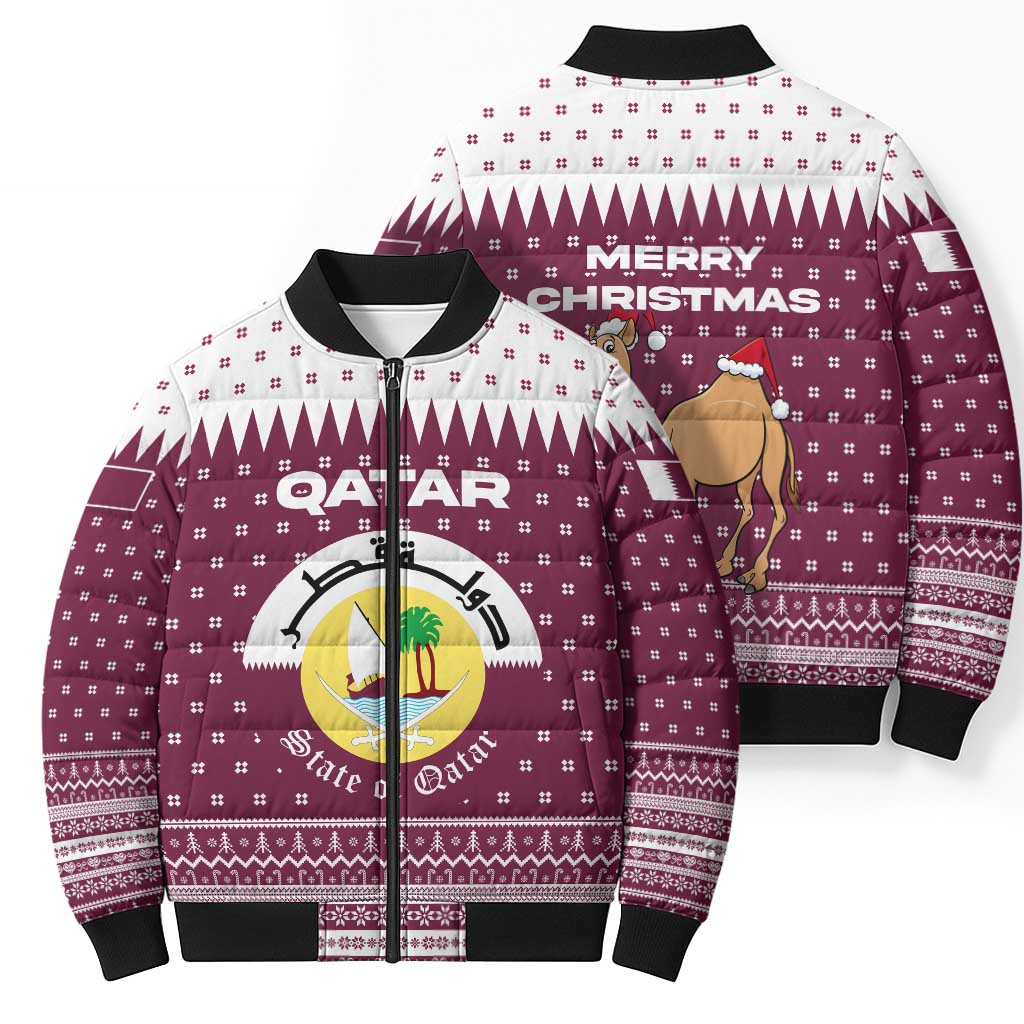 Qatar Christmas Bomber Puffer Jacket with Maroon-White Design, National Emblem, and Camel Motif - Wonder Print Shop