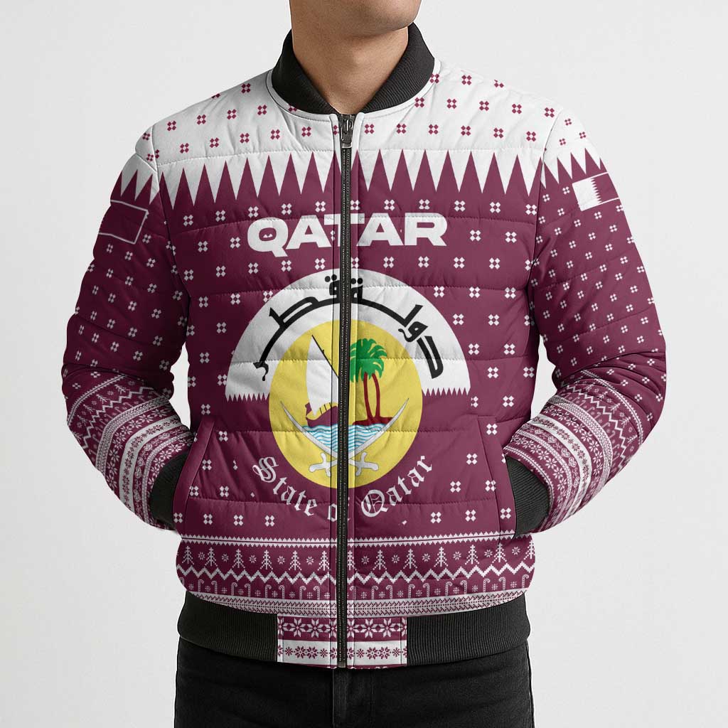 Qatar Christmas Bomber Puffer Jacket with Maroon-White Design, National Emblem, and Camel Motif - Wonder Print Shop
