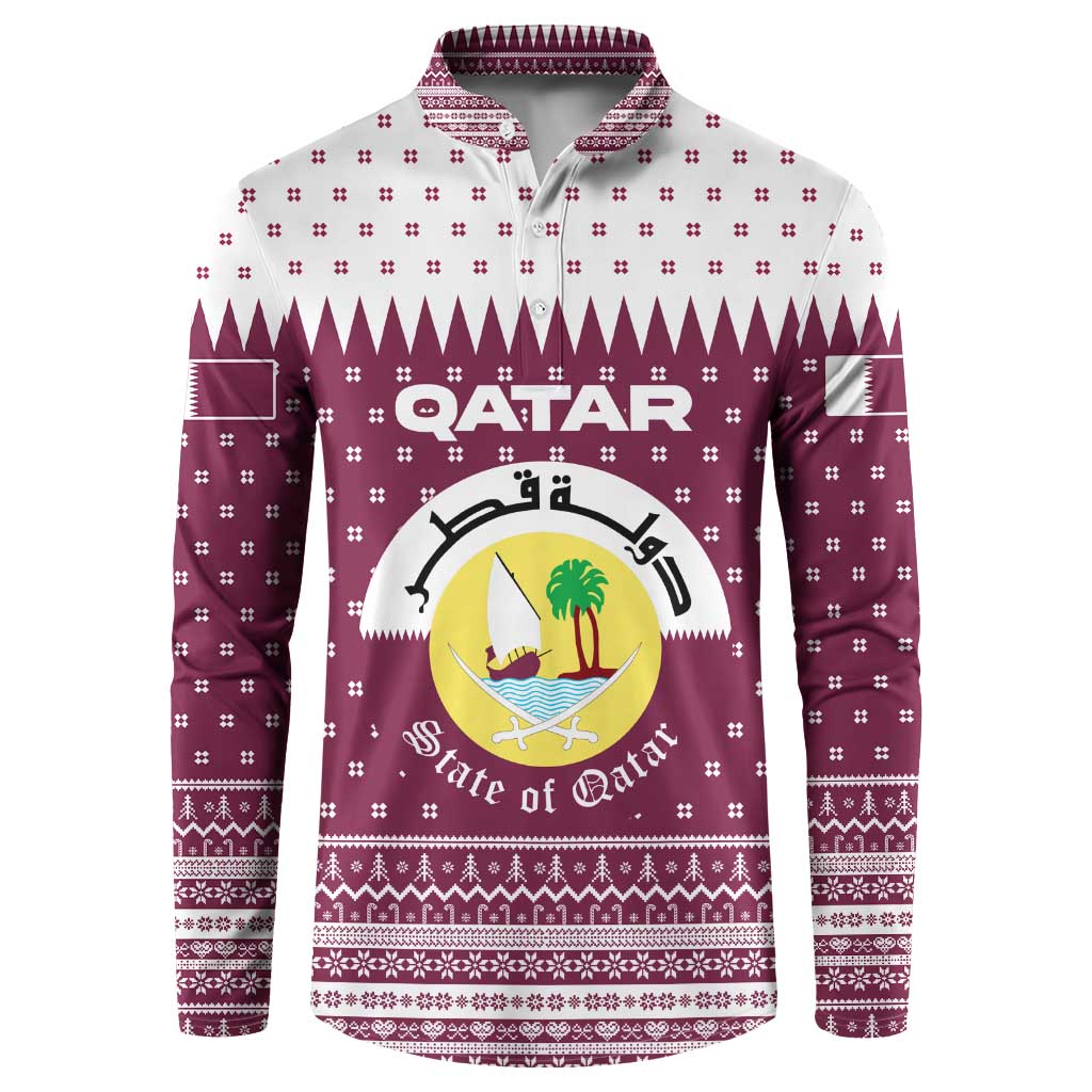 Qatar Christmas Button Sweatshirt with Maroon-White Design, National Emblem, and Camel Motif - Wonder Print Shop