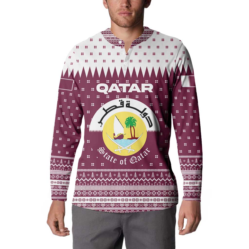 Qatar Christmas Button Sweatshirt with Maroon-White Design, National Emblem, and Camel Motif - Wonder Print Shop