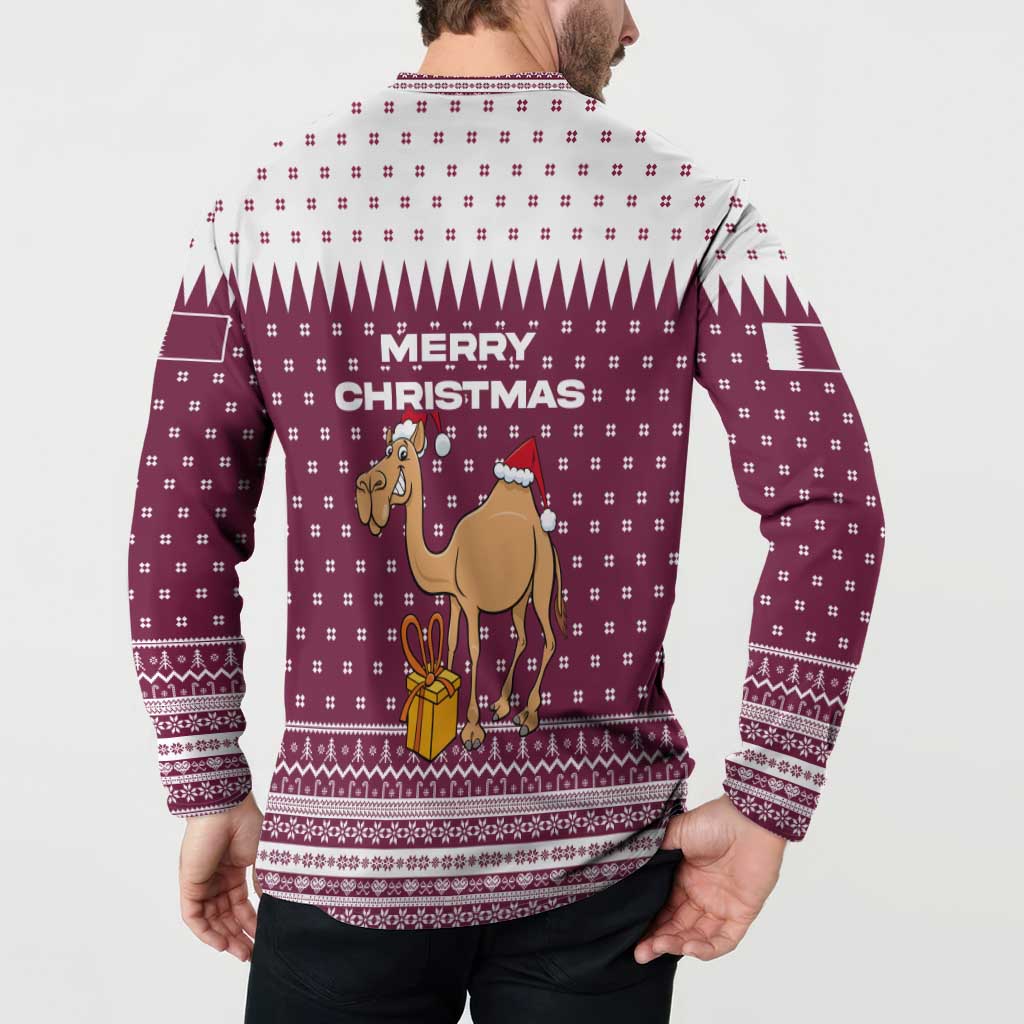 Qatar Christmas Button Sweatshirt with Maroon-White Design, National Emblem, and Camel Motif - Wonder Print Shop