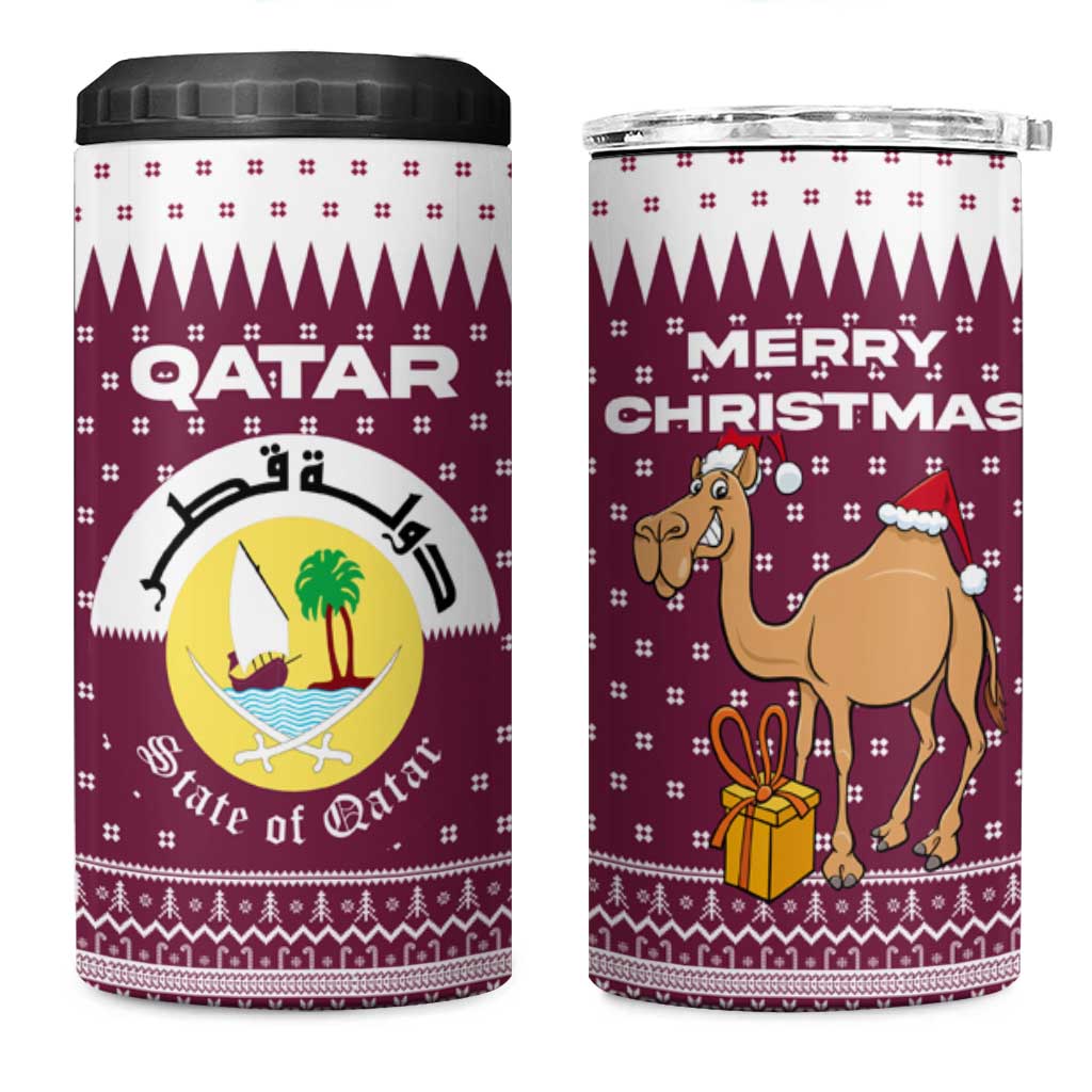 Qatar Christmas 4 in 1 Can Cooler Tumbler with Maroon-White Design, National Emblem, and Camel Motif - Wonder Print Shop