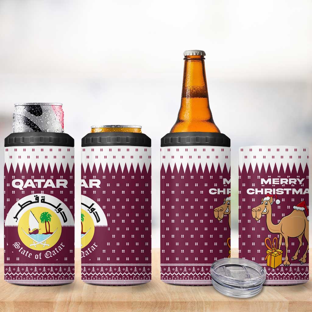 Qatar Christmas 4 in 1 Can Cooler Tumbler with Maroon-White Design, National Emblem, and Camel Motif - Wonder Print Shop
