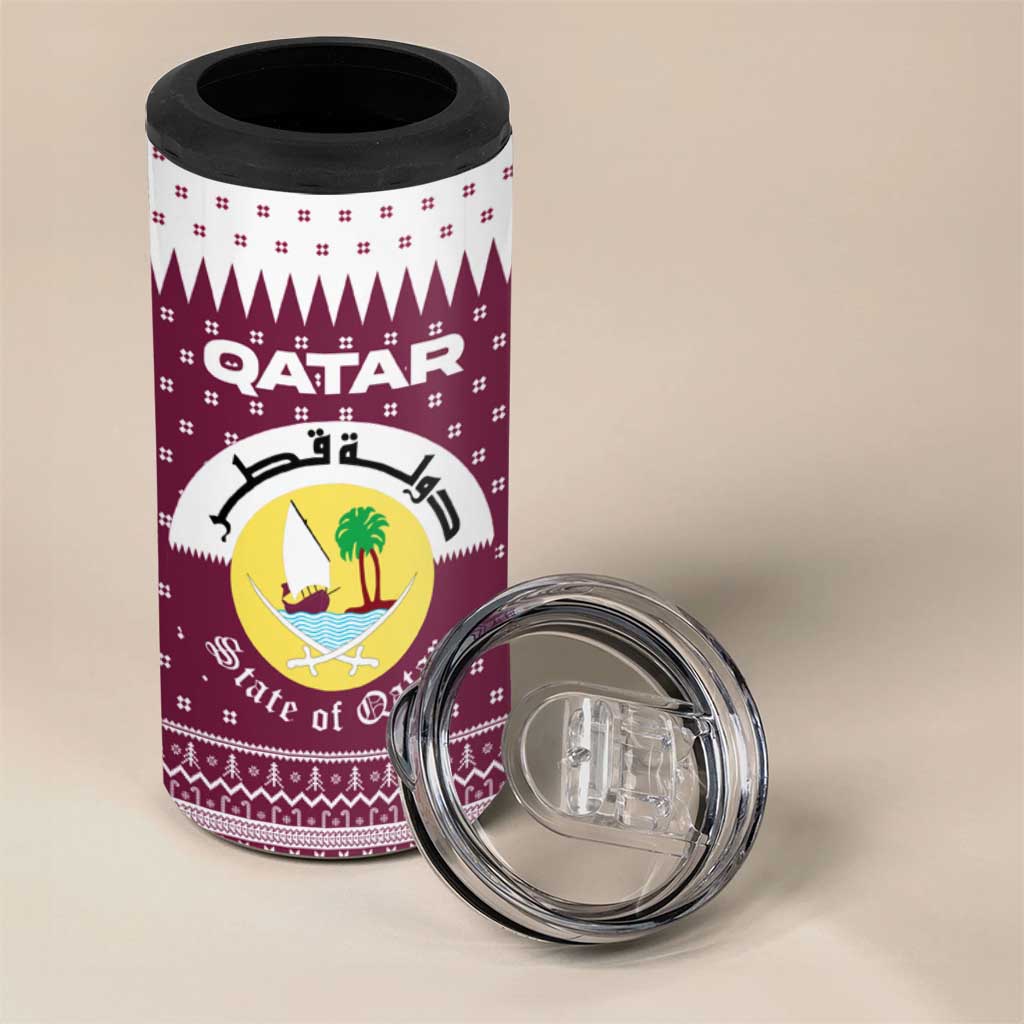 Qatar Christmas 4 in 1 Can Cooler Tumbler with Maroon-White Design, National Emblem, and Camel Motif - Wonder Print Shop