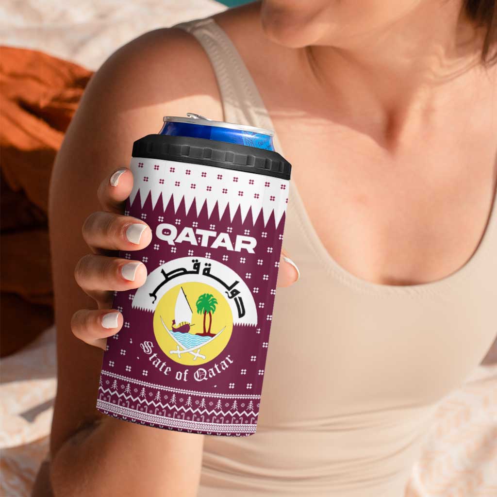 Qatar Christmas 4 in 1 Can Cooler Tumbler with Maroon-White Design, National Emblem, and Camel Motif - Wonder Print Shop