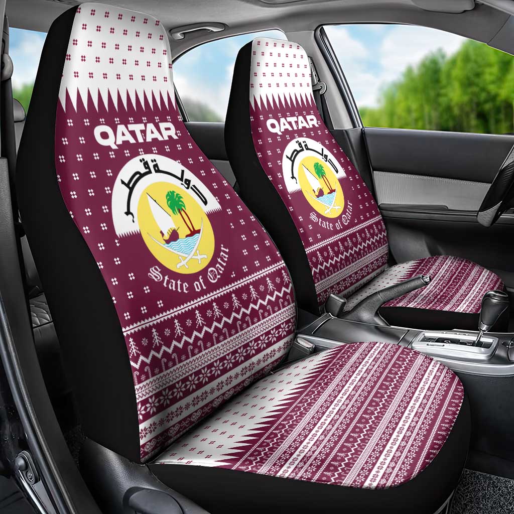 Qatar Christmas Car Seat Cover with Maroon-White Design, National Emblem, and Camel Motif - Wonder Print Shop