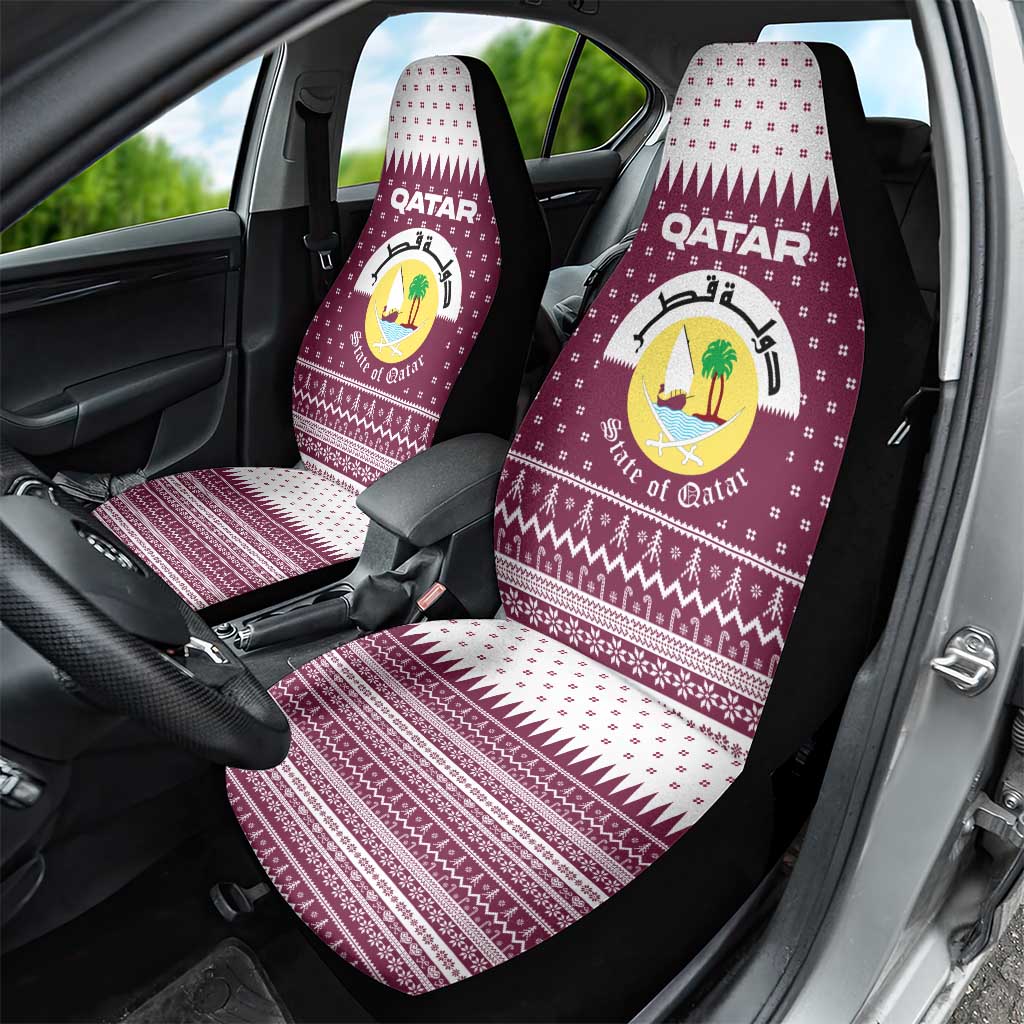 Qatar Christmas Car Seat Cover with Maroon-White Design, National Emblem, and Camel Motif - Wonder Print Shop