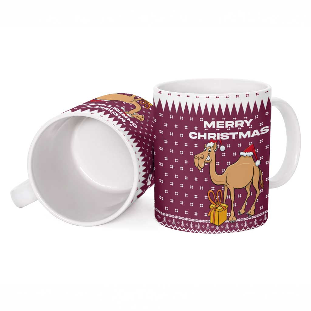 Qatar Christmas Ceramic Mug with Maroon-White Design, National Emblem, and Camel Motif - Wonder Print Shop