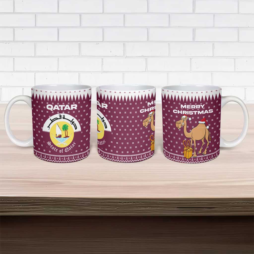 Qatar Christmas Ceramic Mug with Maroon-White Design, National Emblem, and Camel Motif - Wonder Print Shop
