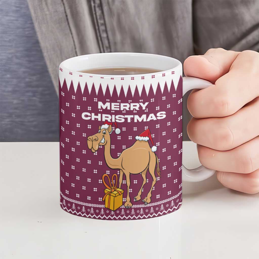 Qatar Christmas Ceramic Mug with Maroon-White Design, National Emblem, and Camel Motif - Wonder Print Shop