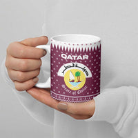 Qatar Christmas Ceramic Mug with Maroon-White Design, National Emblem, and Camel Motif - Wonder Print Shop