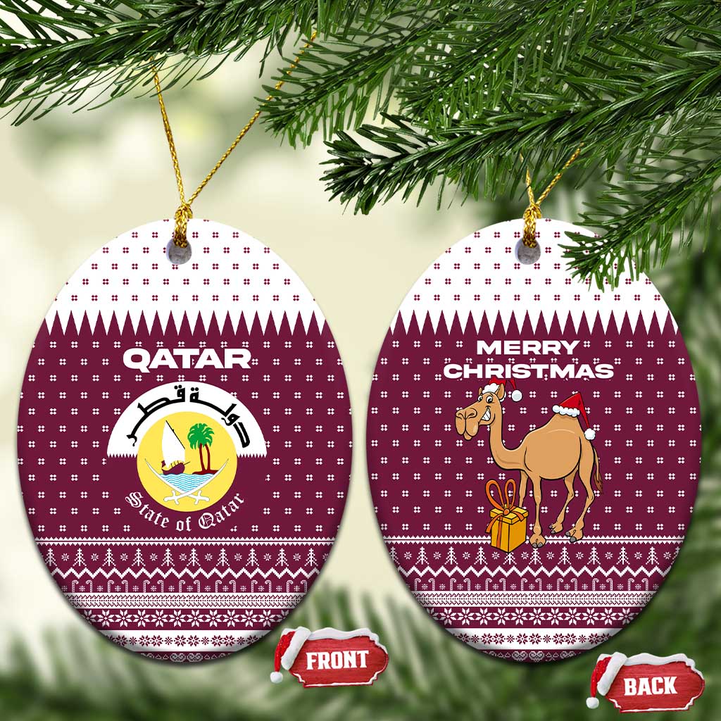 Qatar Christmas Ceramic Ornament with Maroon-White Design, National Emblem, and Camel Motif - Wonder Print Shop