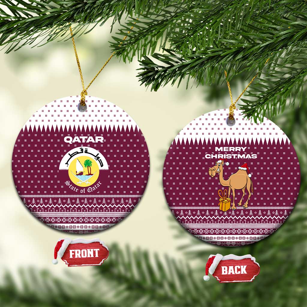 Qatar Christmas Ceramic Ornament with Maroon-White Design, National Emblem, and Camel Motif - Wonder Print Shop