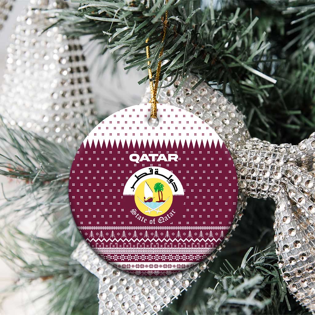 Qatar Christmas Ceramic Ornament with Maroon-White Design, National Emblem, and Camel Motif - Wonder Print Shop