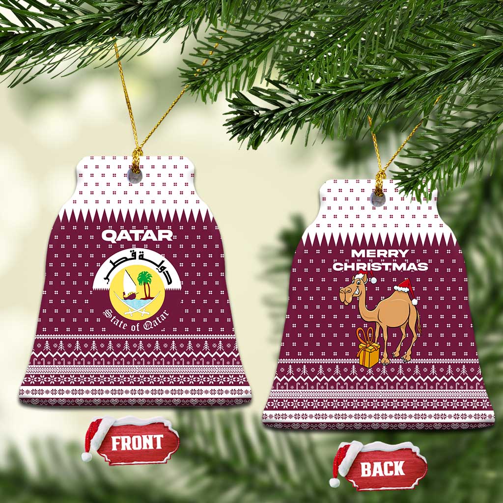 Qatar Christmas Ceramic Ornament with Maroon-White Design, National Emblem, and Camel Motif - Wonder Print Shop
