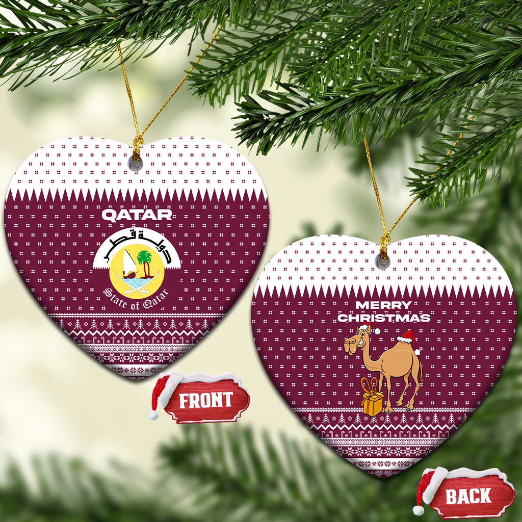Qatar Christmas Ceramic Ornament with Maroon-White Design, National Emblem, and Camel Motif - Wonder Print Shop
