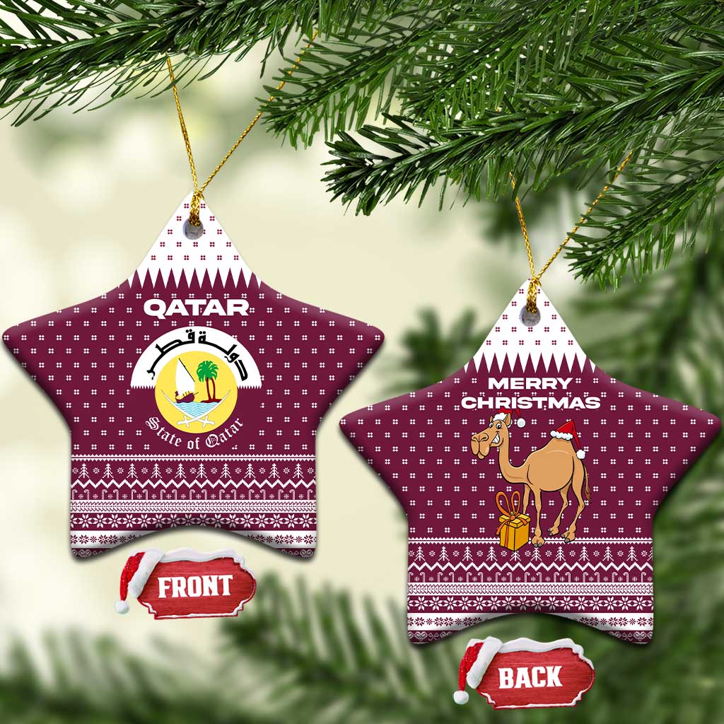 Qatar Christmas Ceramic Ornament with Maroon-White Design, National Emblem, and Camel Motif - Wonder Print Shop