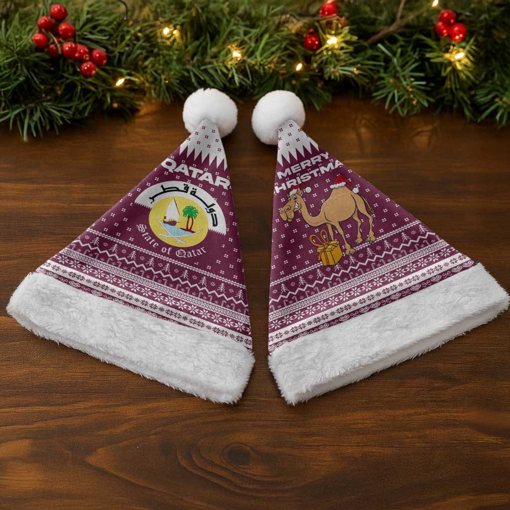 Qatar Christmas Santa Hat with Maroon-White Design, National Emblem, and Camel Motif - Wonder Print Shop