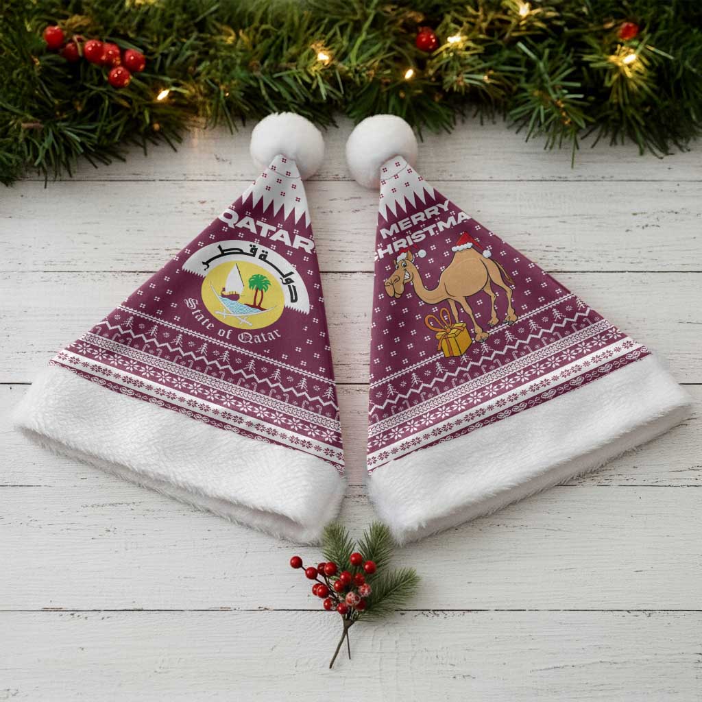 Qatar Christmas Santa Hat with Maroon-White Design, National Emblem, and Camel Motif - Wonder Print Shop