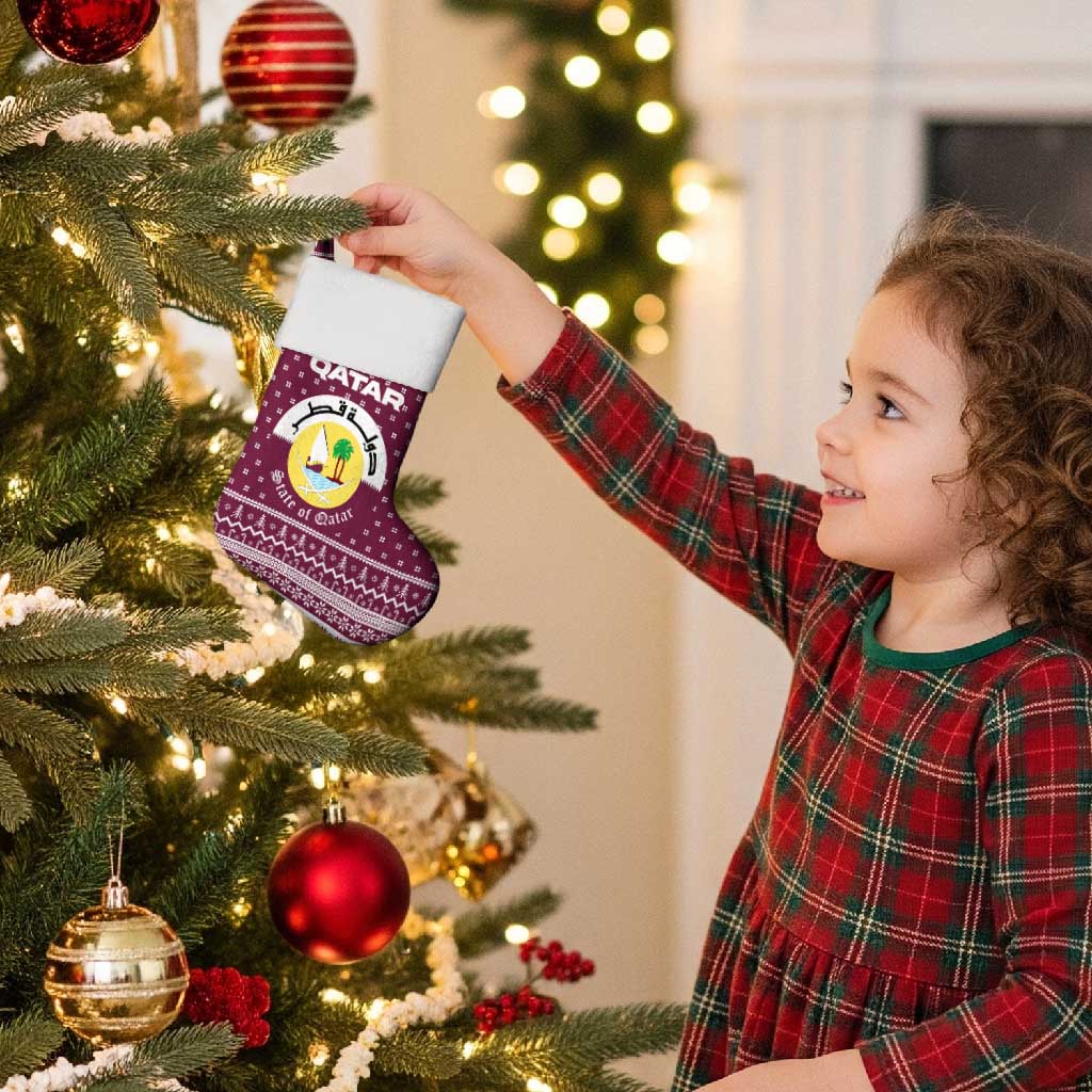 Qatar Christmas Stocking with Maroon-White Design, National Emblem, and Camel Motif - Wonder Print Shop