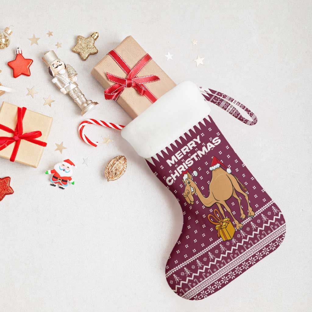 Qatar Christmas Stocking with Maroon-White Design, National Emblem, and Camel Motif - Wonder Print Shop