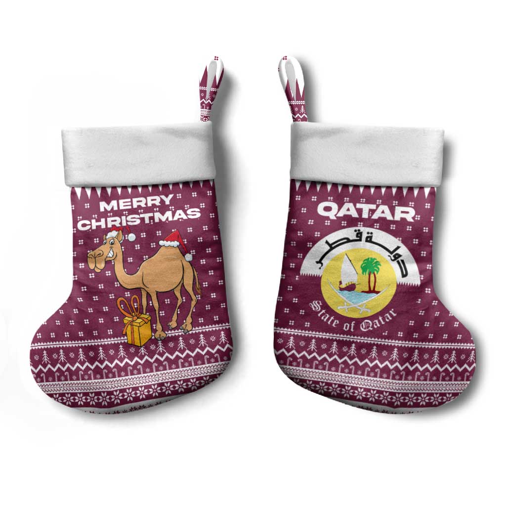 Qatar Christmas Stocking with Maroon-White Design, National Emblem, and Camel Motif - Wonder Print Shop