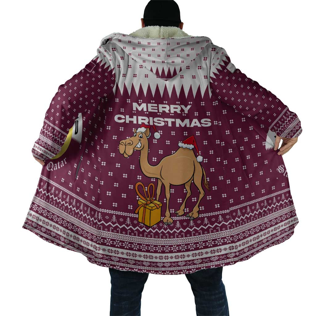 Qatar Christmas Cloak with Maroon-White Design, National Emblem, and Camel Motif - Wonder Print Shop