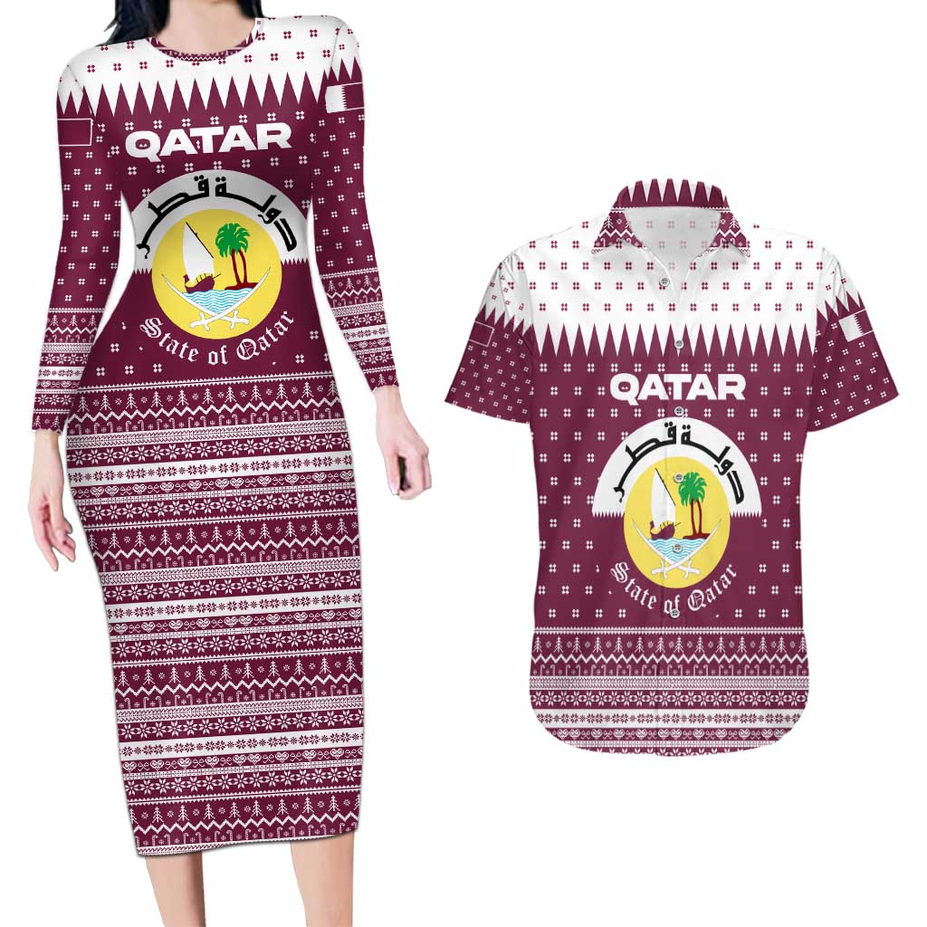 Qatar Christmas Couples Matching Long Sleeve Bodycon Dress and Hawaiian Shirt with Maroon-White Design, National Emblem, and Camel Motif - Wonder Print Shop
