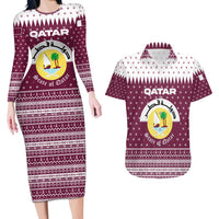 Qatar Christmas Couples Matching Long Sleeve Bodycon Dress and Hawaiian Shirt with Maroon-White Design, National Emblem, and Camel Motif - Wonder Print Shop