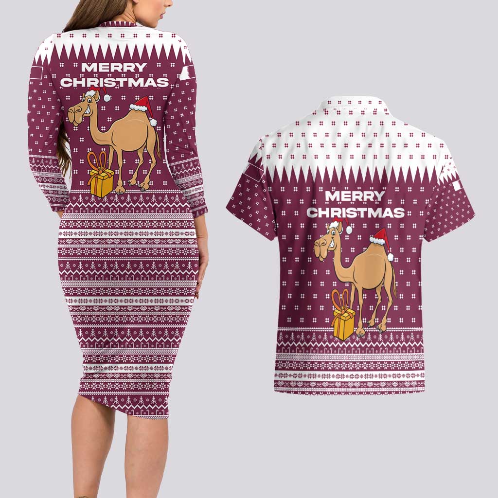 Qatar Christmas Couples Matching Long Sleeve Bodycon Dress and Hawaiian Shirt with Maroon-White Design, National Emblem, and Camel Motif - Wonder Print Shop
